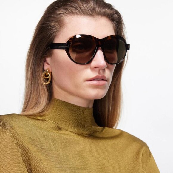 Tom Ford FT1113 52G Inger Sunglasses Dark Havana Round Frame,Brown Mirror Lenses - Picture 2 of 10